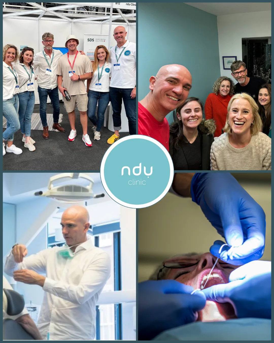 Collage of four photos: a team at an exhibition stand, a group selfie, a dentist preparing equipment, and a treatment