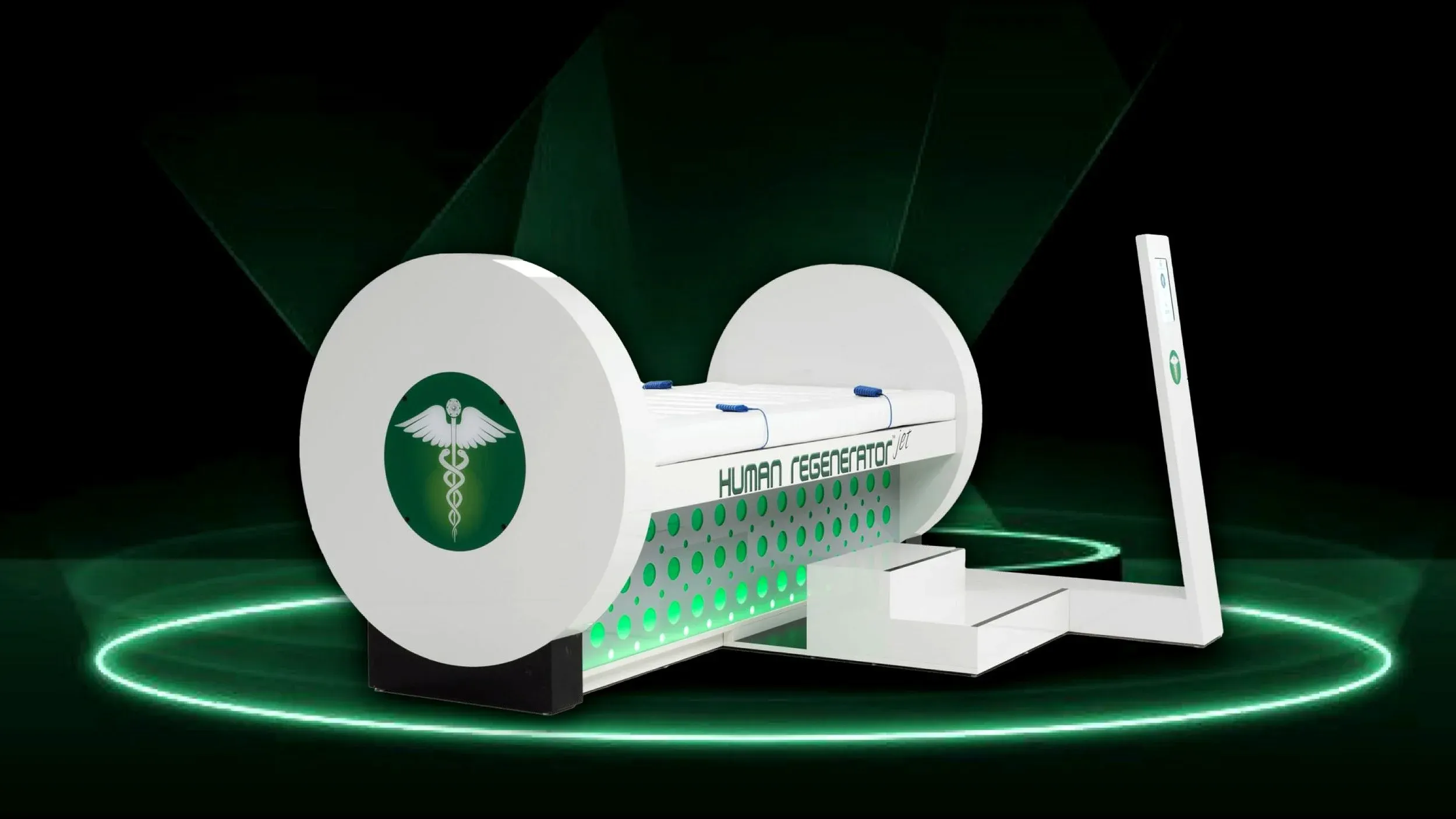 Render of a white cylindrical device labelled Human Regenerator with green lights, on a dark background